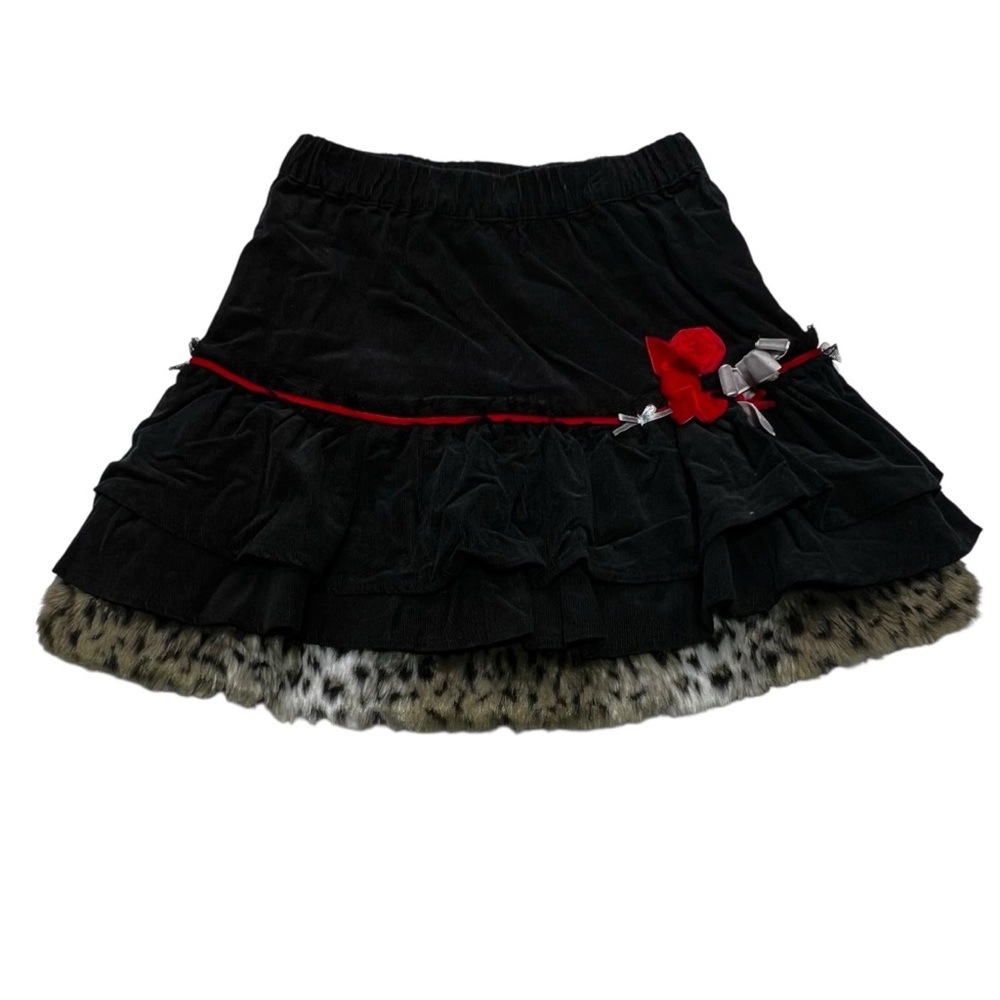 Deux par Deux Black Corduroy Skirt with Red and Silver Details‎ Faux Fur Trim